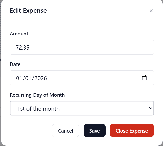 Property details modal with add expense and recurring options